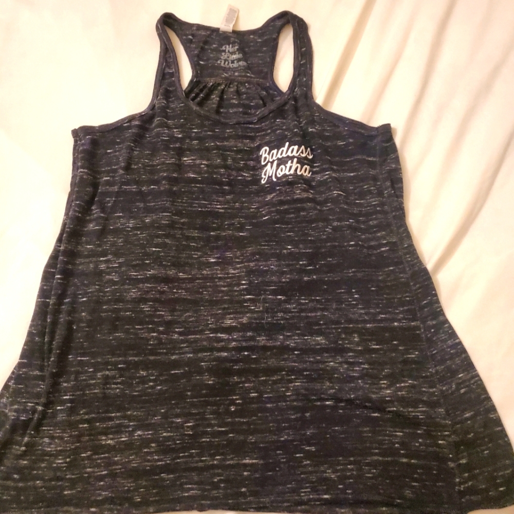 Workout Tee for Gym, black and gray with white words Badass Motha